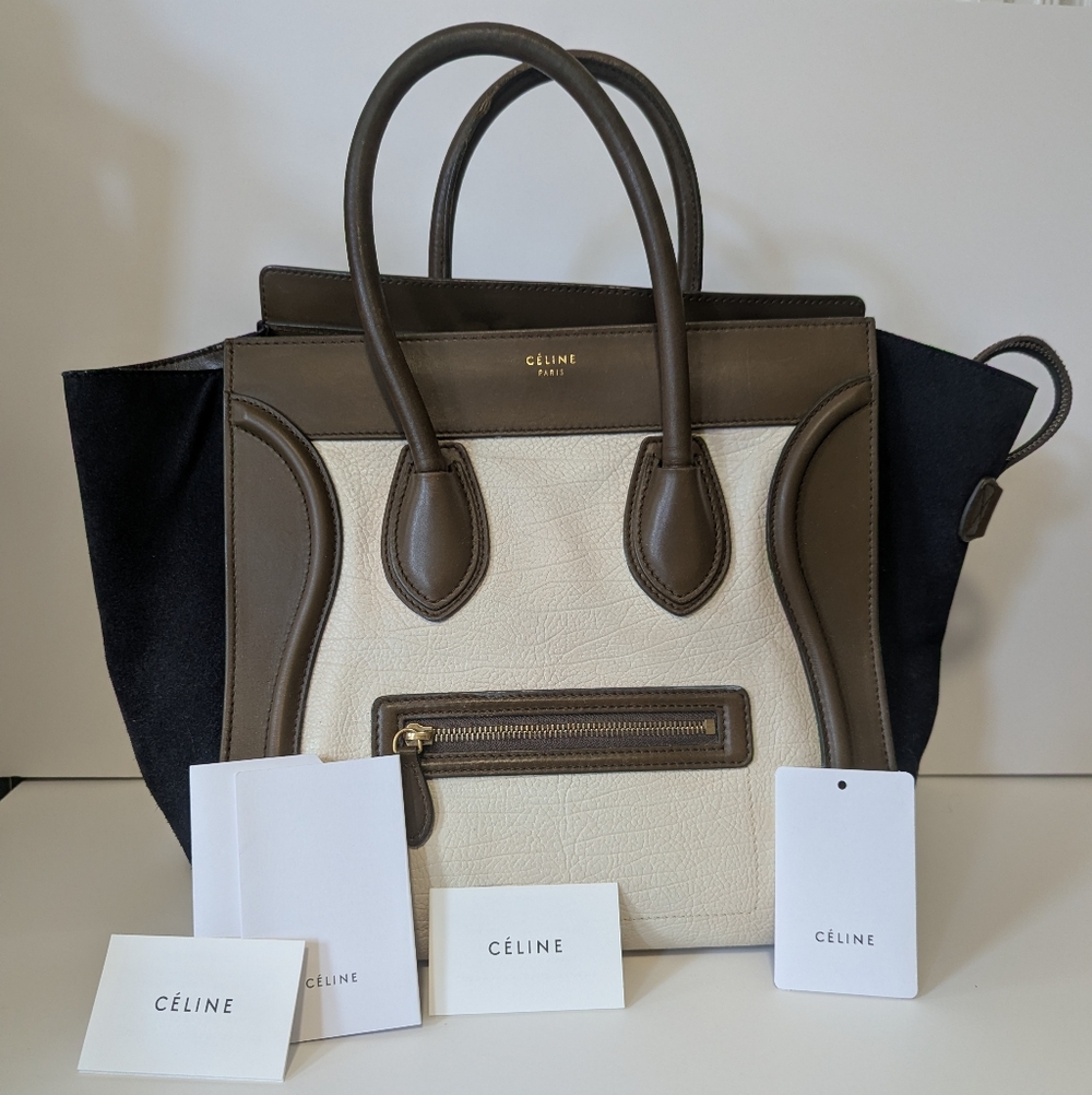 Celine mini luggage tote purse bag authentic brown white black tricolor